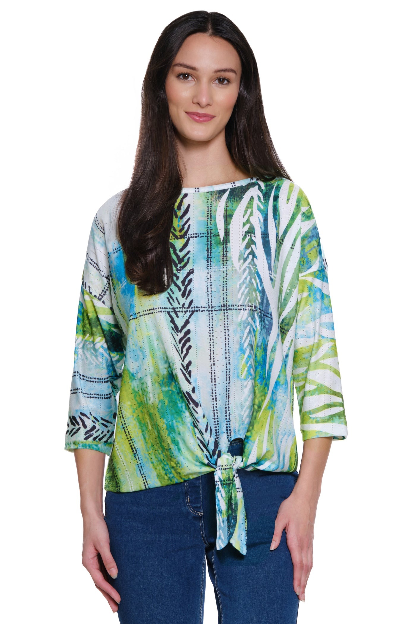 Textured Knit Printed Eyelet Pop Over Tunic with Scoop Neckline