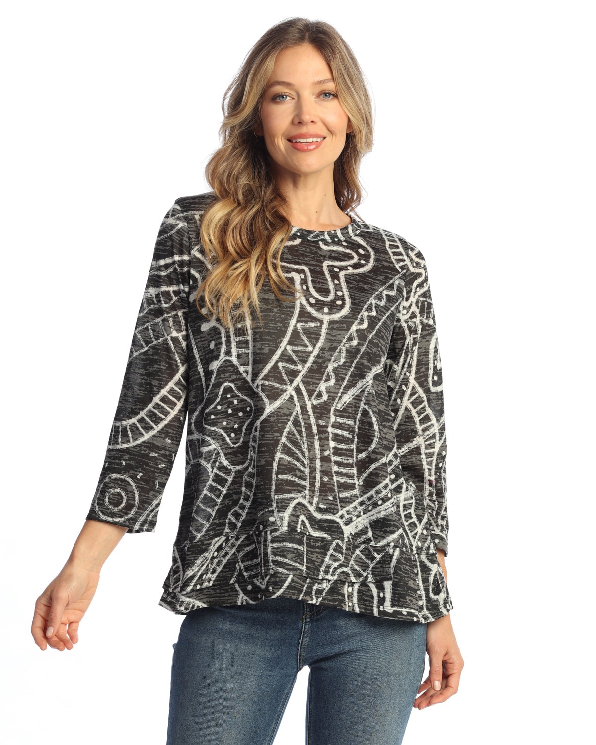Art Deco Burnout Overlap Hem 3/4 Sleeve Top
