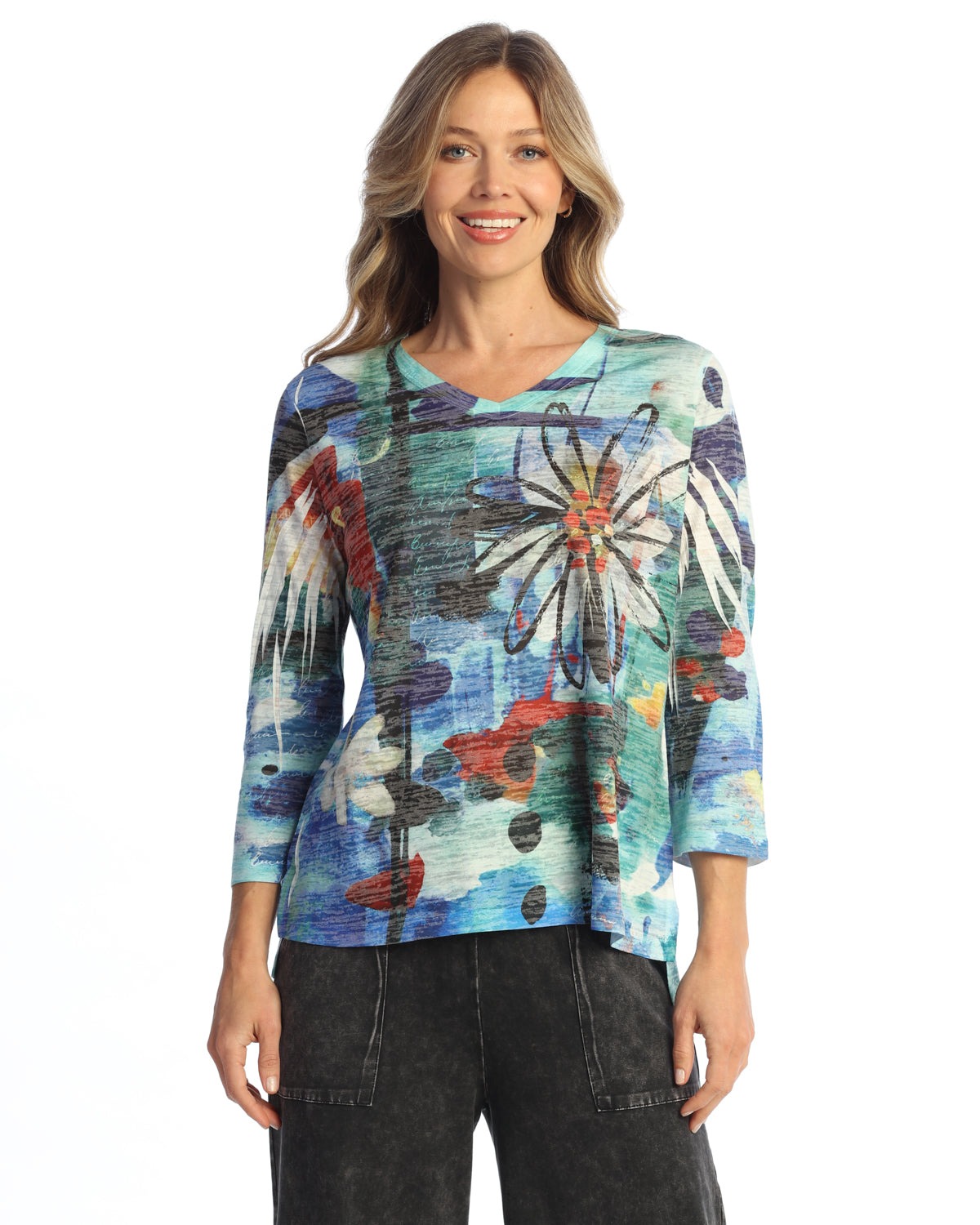 Petalina Burnout Rounded V-Neck Top with Side Slits