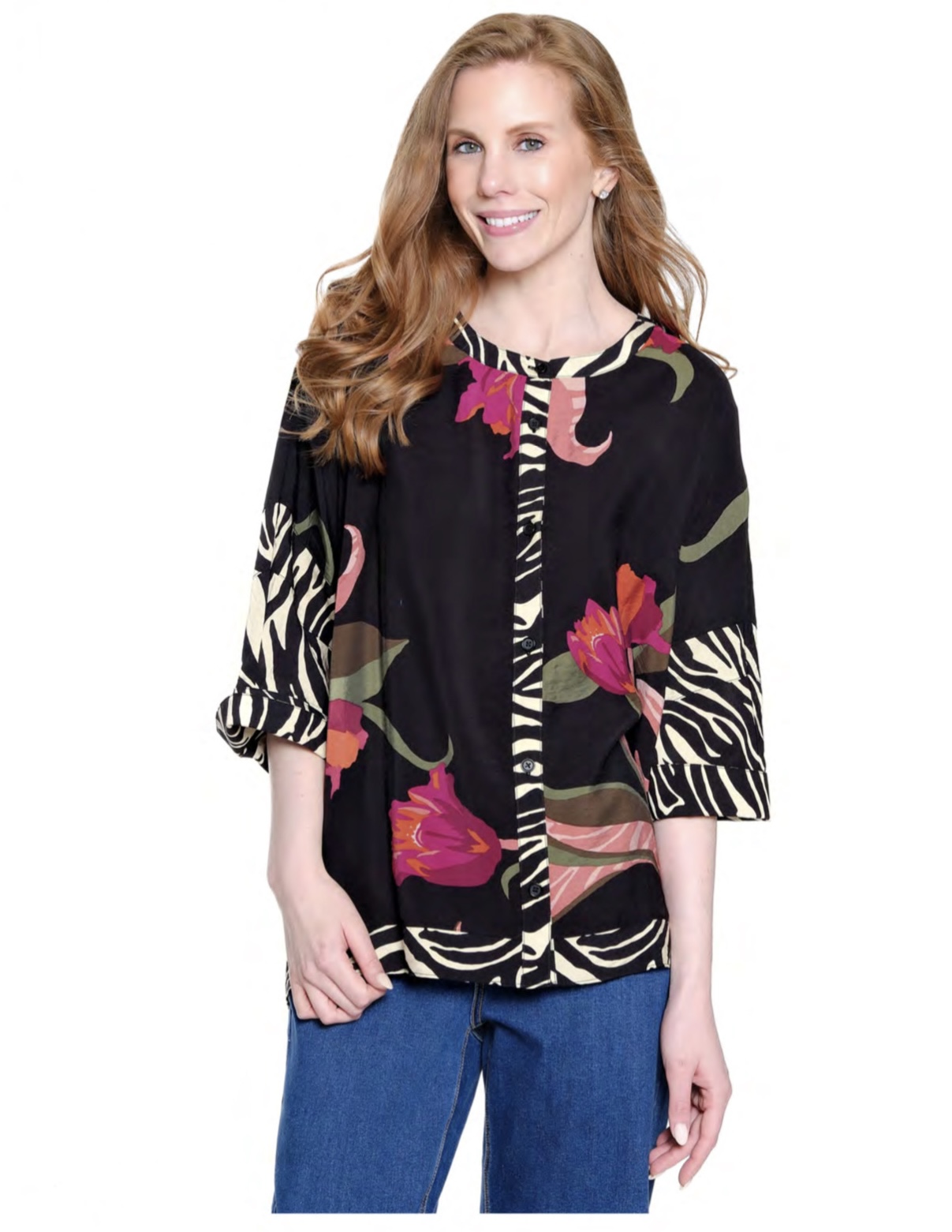 Printed Woven Button Front Dolman Sleeve Blouse