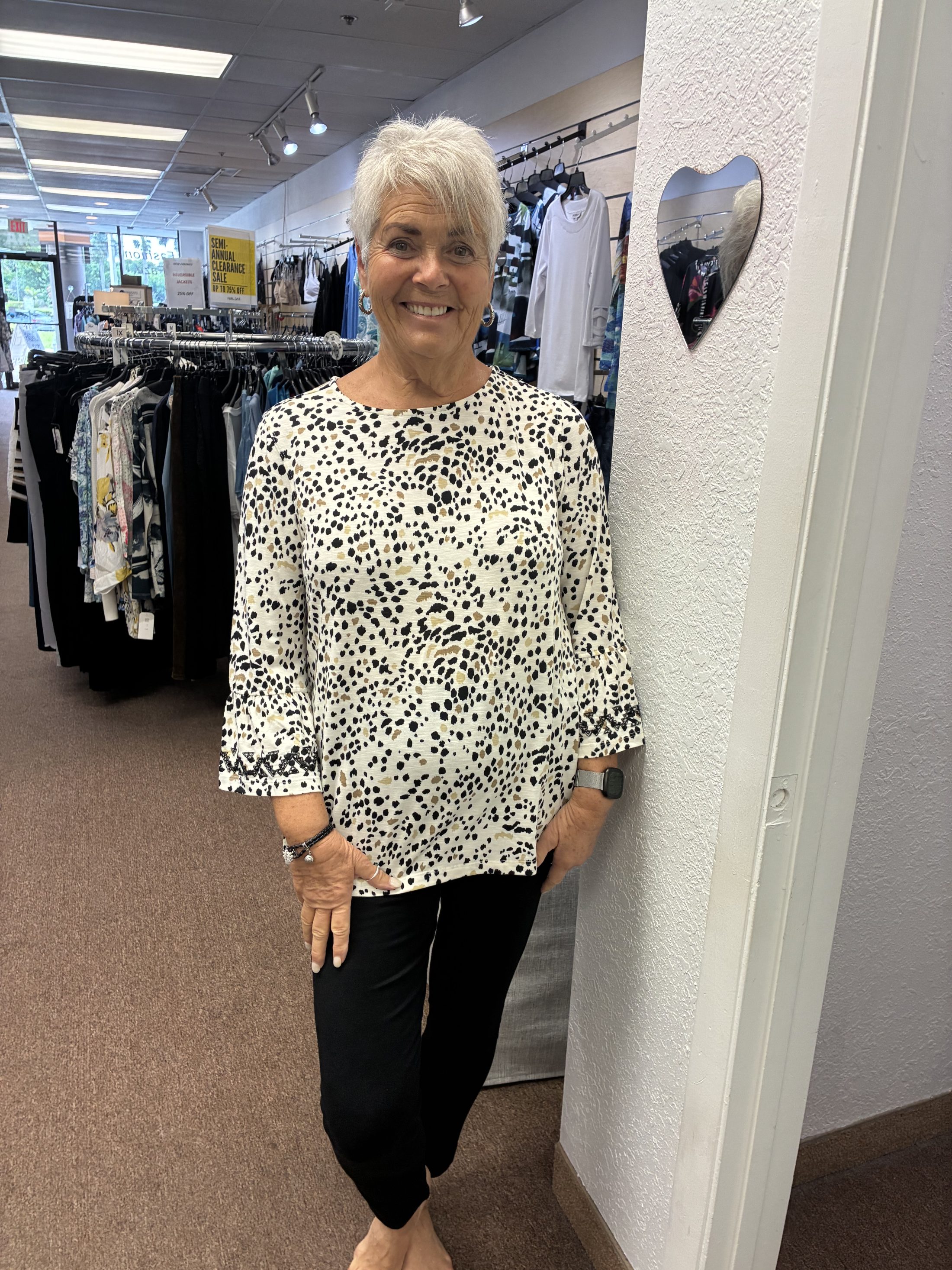 Flounce Sleeve Crew Neck Faux Button Back Top with Embroidery and 3/4 Sleeve