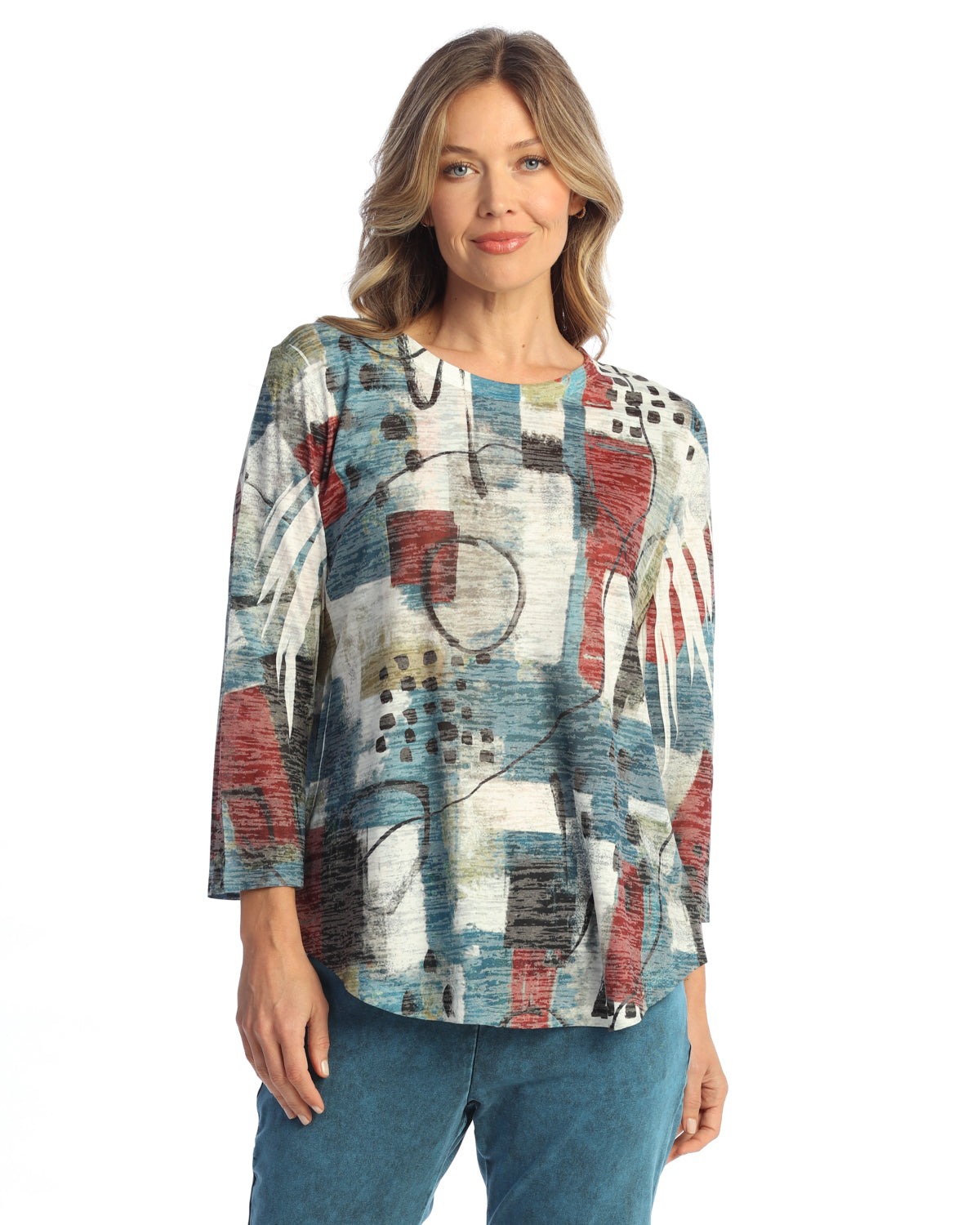 Lumina Burnout 3/4 Sleeve Tunic Top with Round Hem