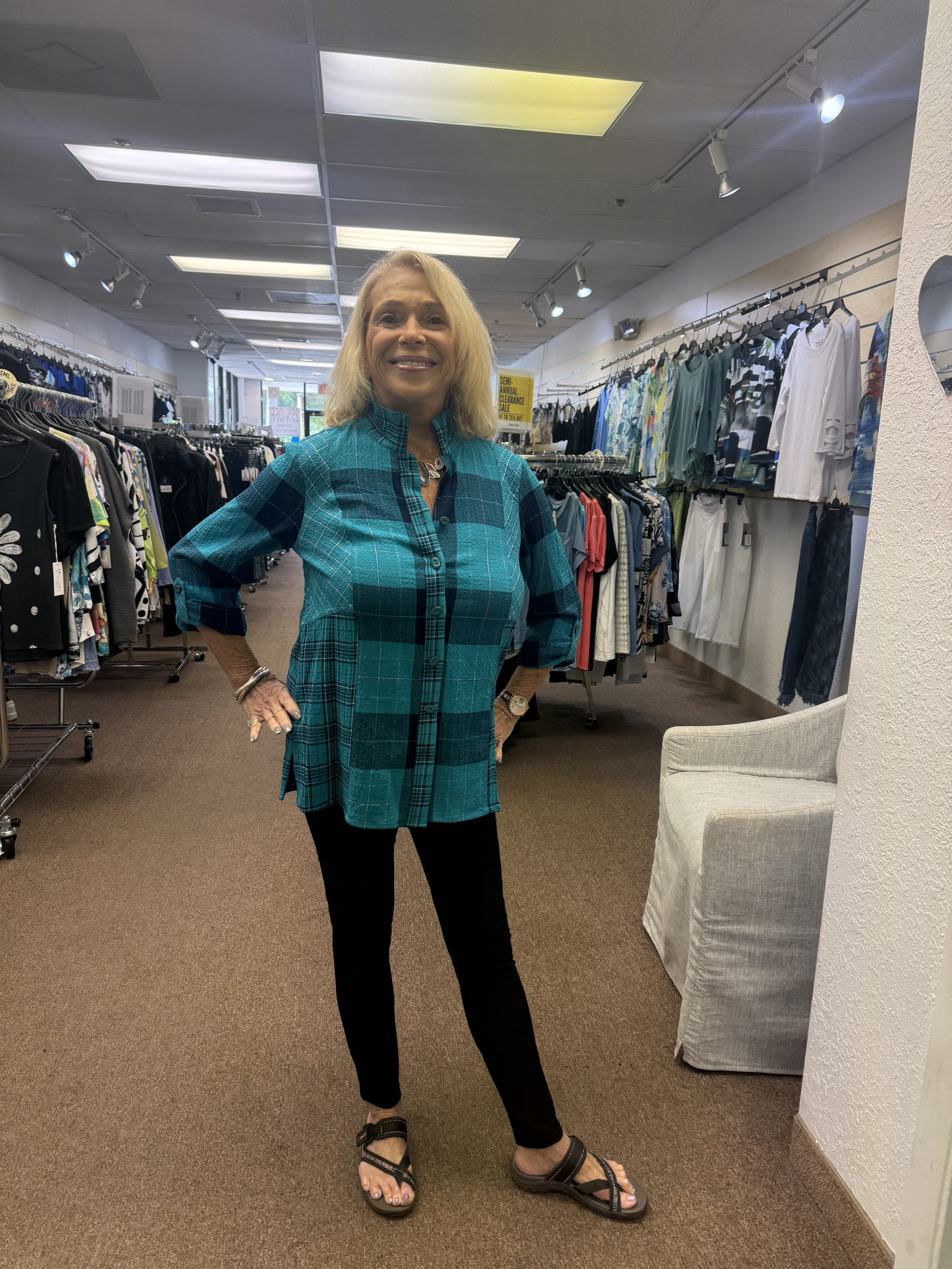 Mixed Woven Button Front Blouse with Wire Collar and Roll Tab Sleeve