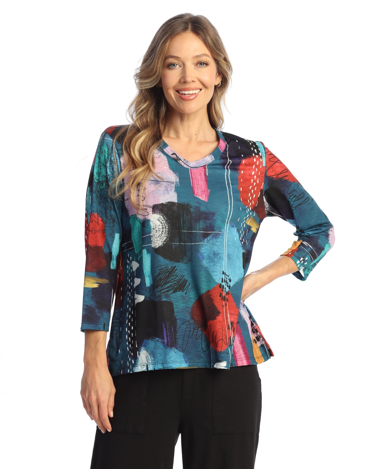 Palette Poly Spandex 3/4 Sleeve V Neck Top