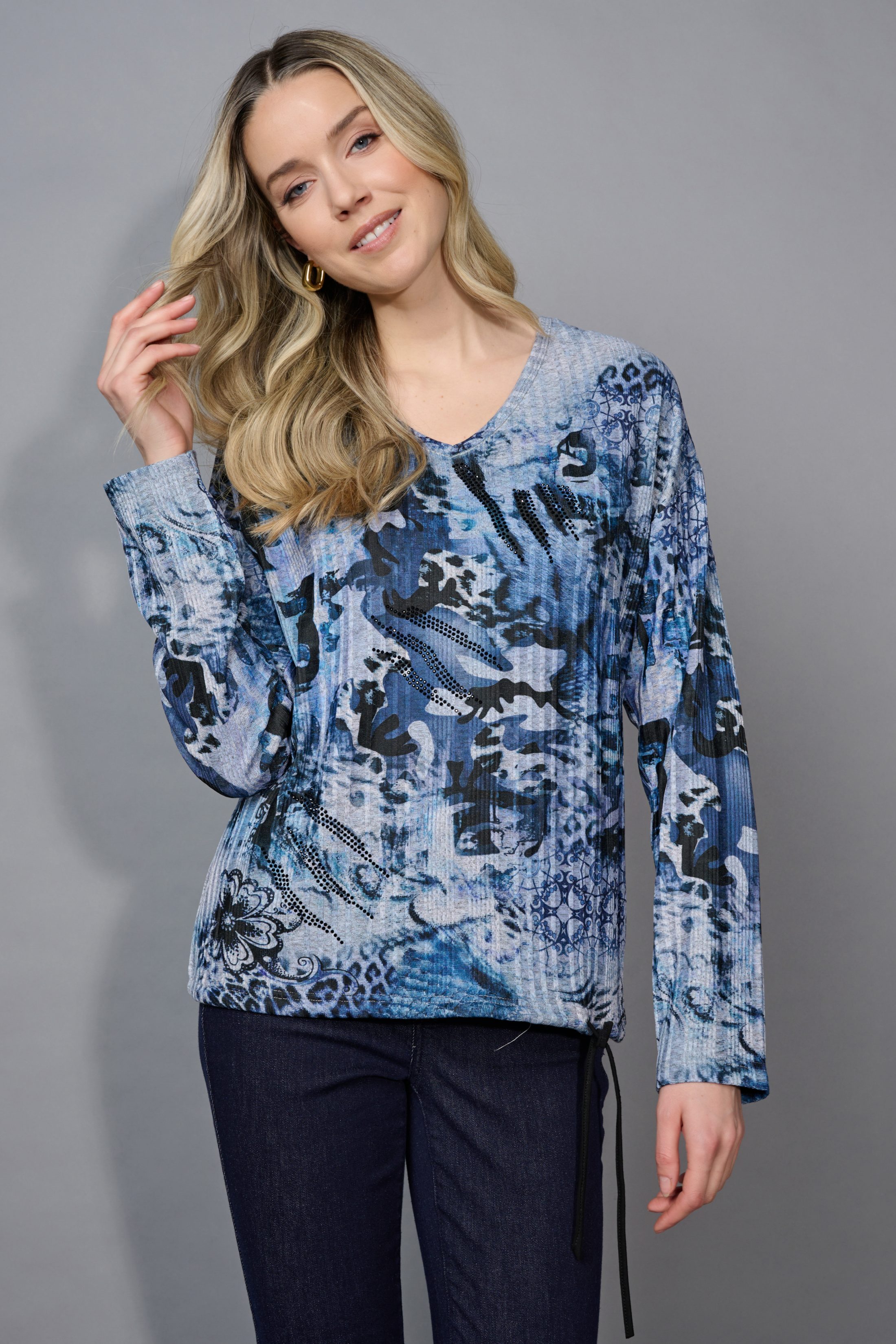 V Neck Drawstring Hem Printed Top