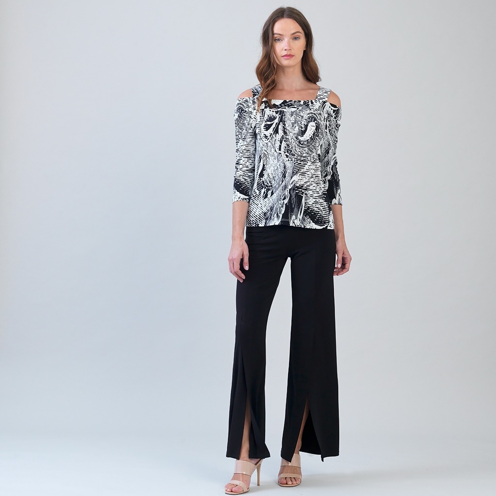 Abstract Print Soft Knit Open Shoulder Top