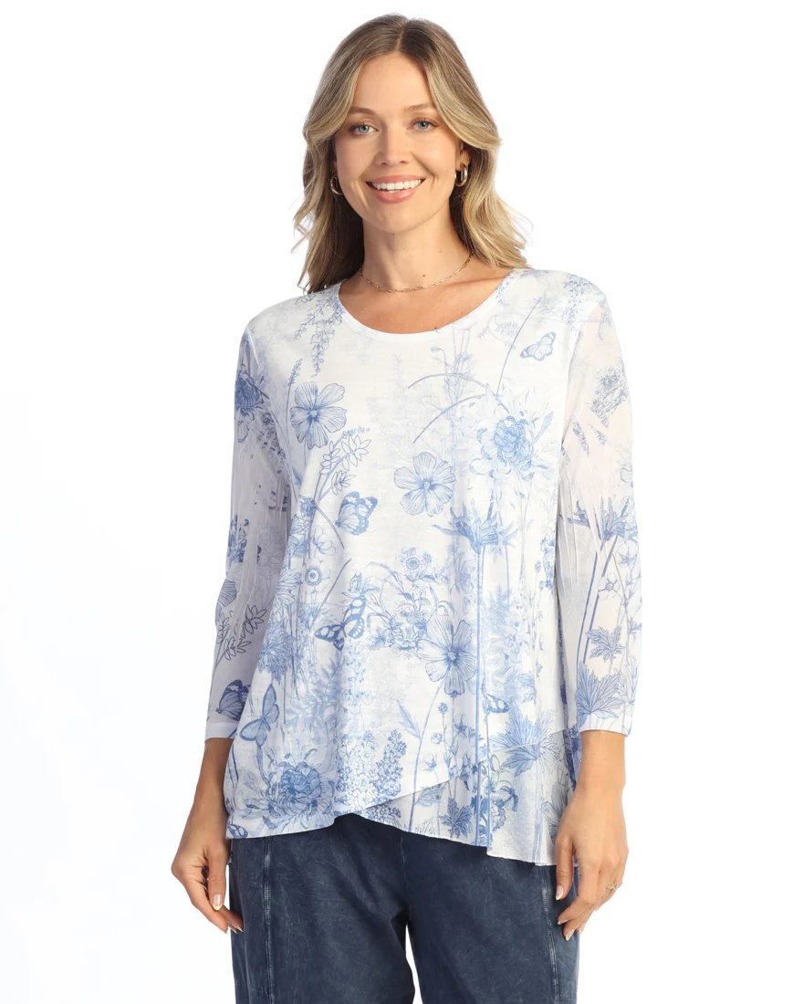 Eden Burnout Tunic Top with Mesh Sleeves and Layered Hems