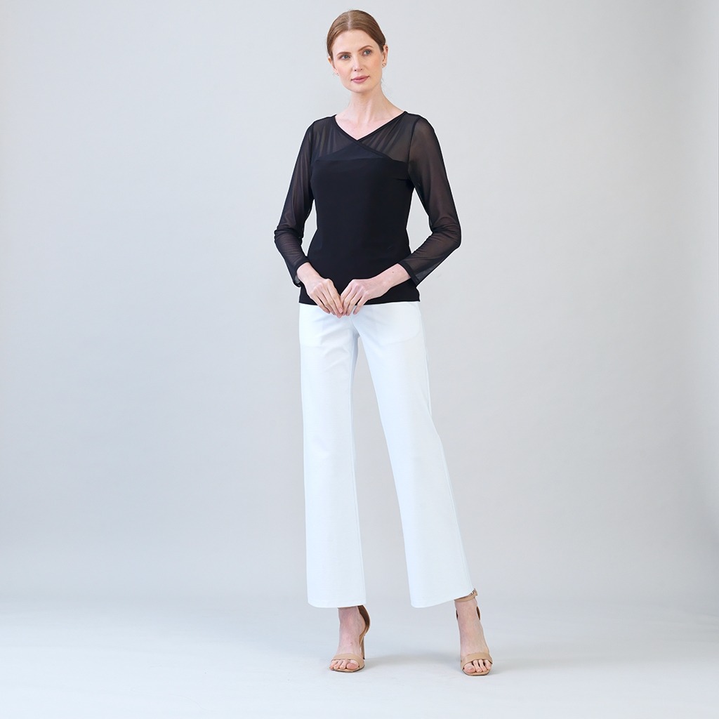 Mesh Neckline Soft Knit Top w/ Mesh Sleeves