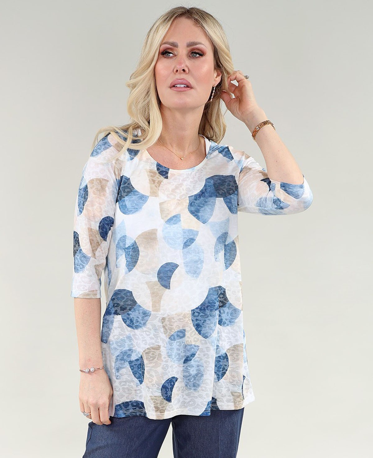 Blue and Beige 3/4 Sleeve Top