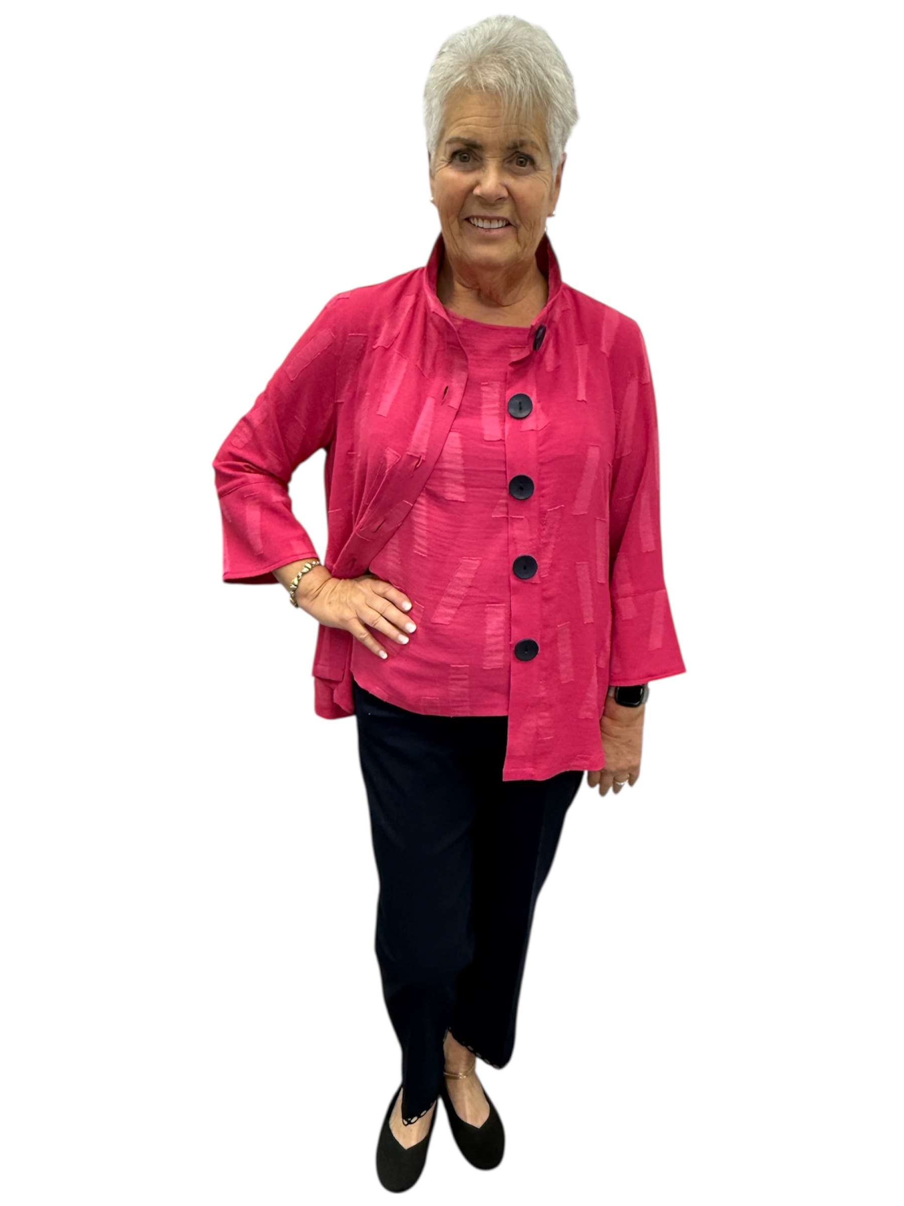 Pink Flounce 3/4 Sleeve Wire Collar Button Front Jacket and Tank