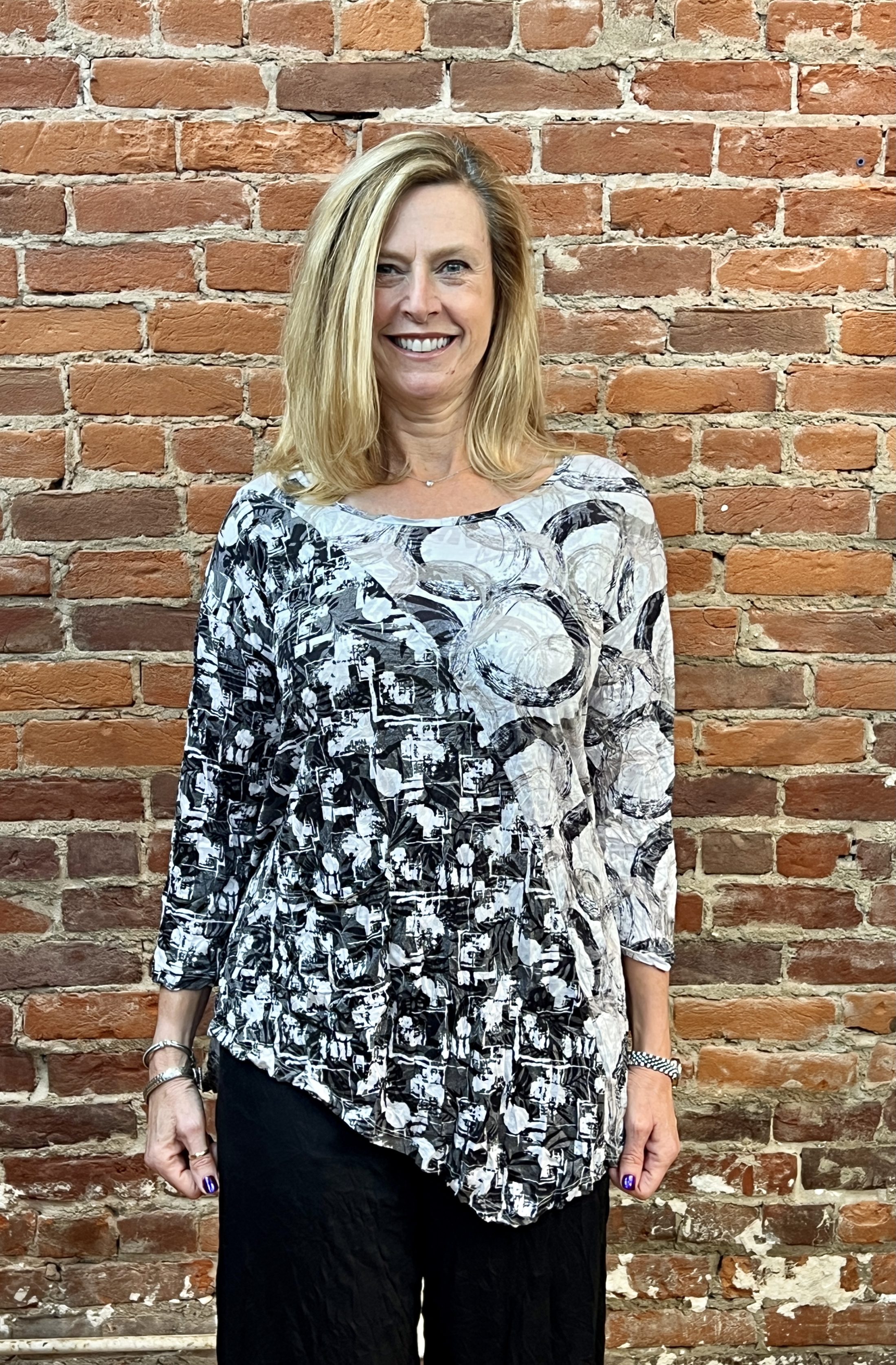 Crinkle Mixed Media Asymmetrical One Pocket Top