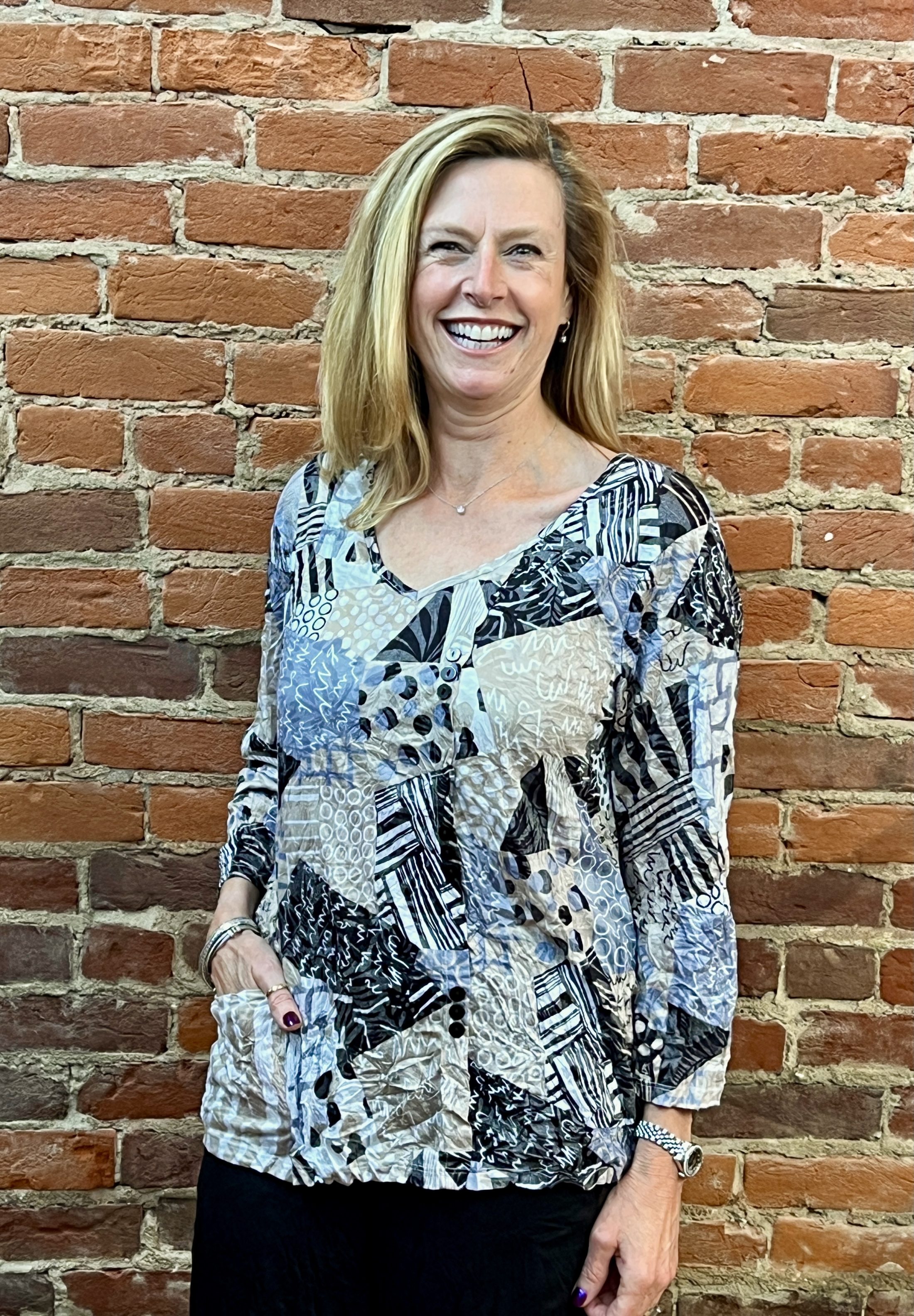 Crinkle Mixed Media Button Detail Top