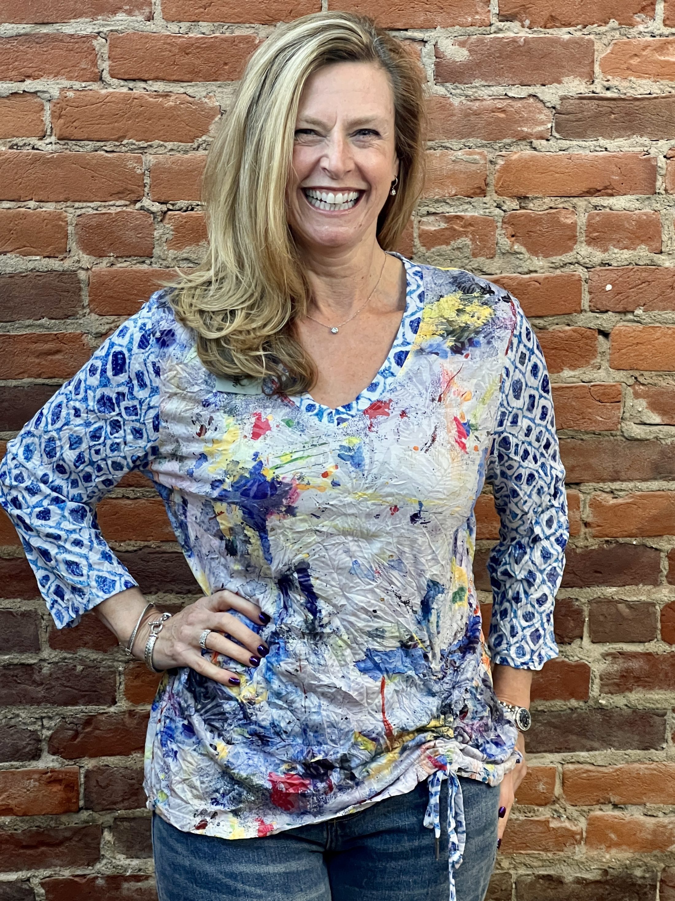 Crinkle Mixed Media Drawstring Detail Top