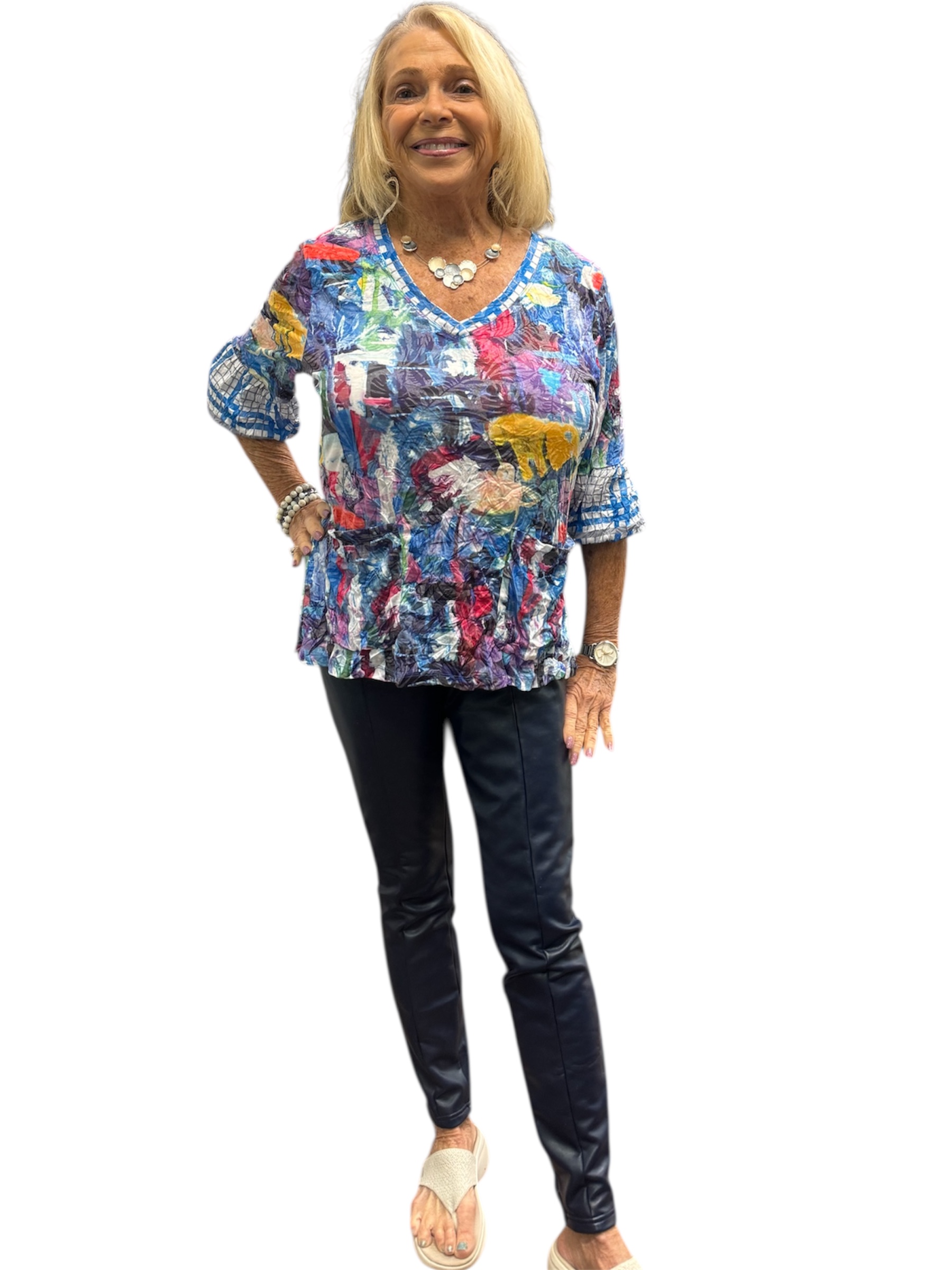 Crinkle Mixed Media Two Pocket Detail Sleeve Top