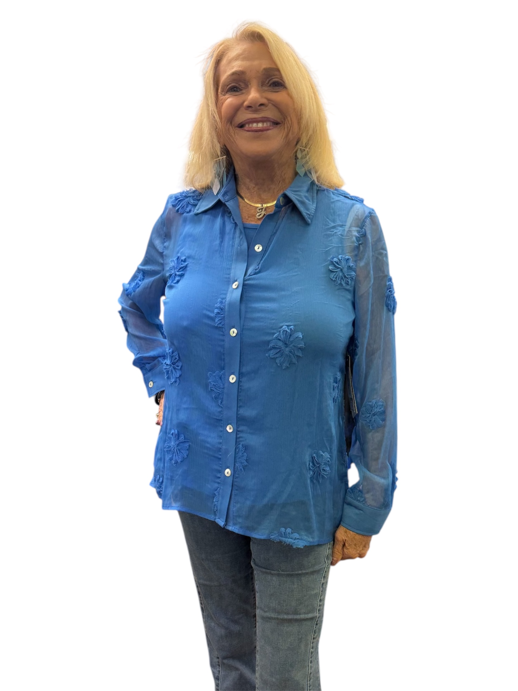 Cuffed Long Sleeve Button Front Shirt and Tank - French Blue - XS