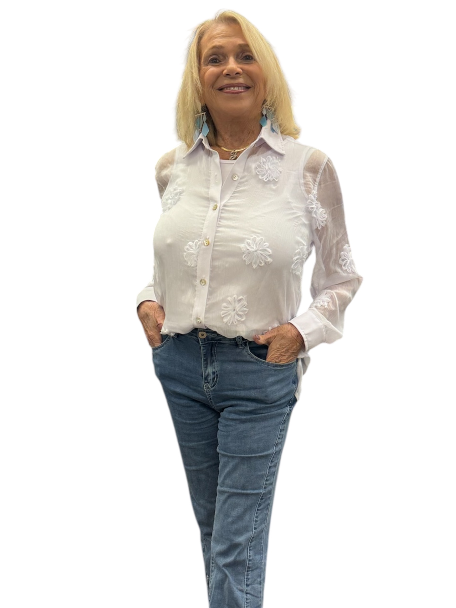 Cuffed Long Sleeve Button Front Shirt and Tank - White - XS