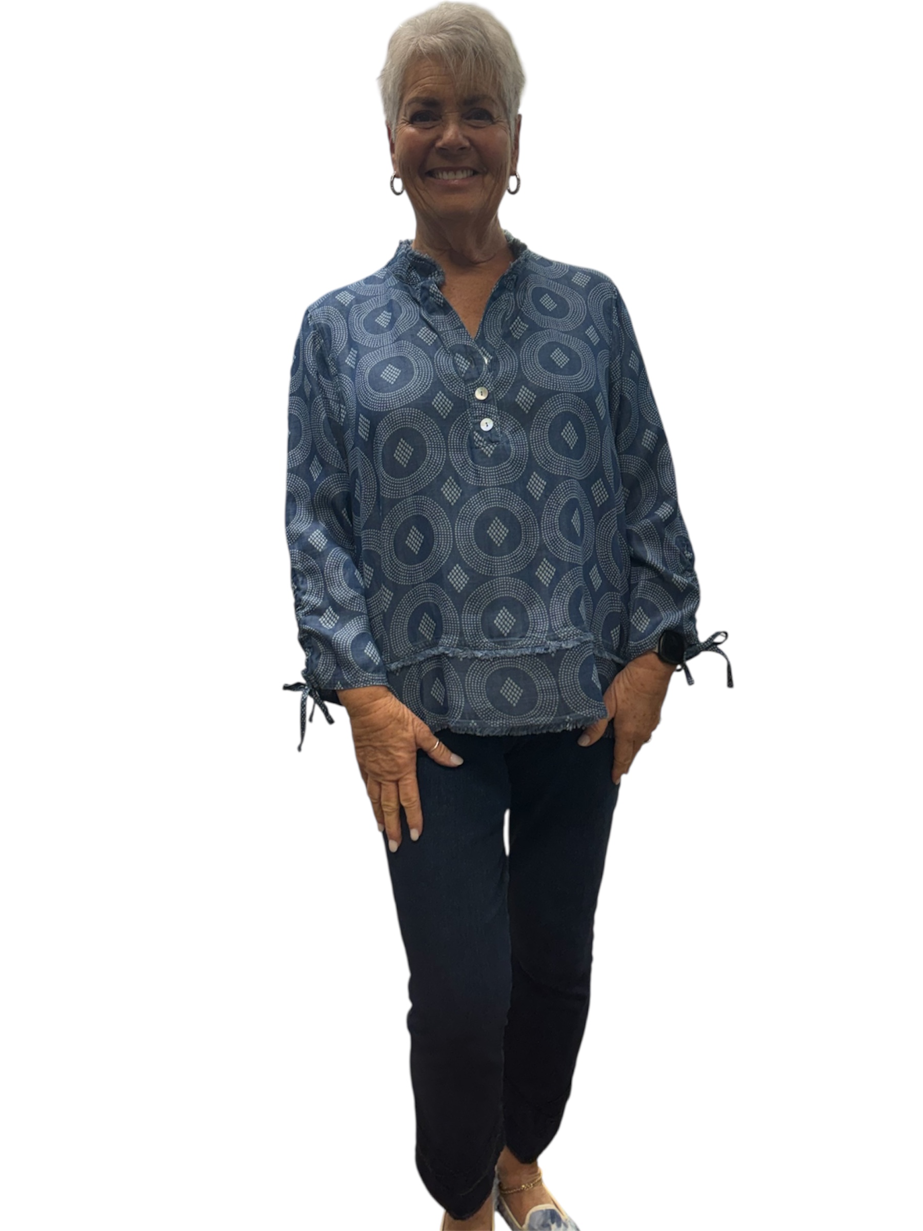 Drawstring 3/4 Sleeve Band Collar Double Fringe Hem