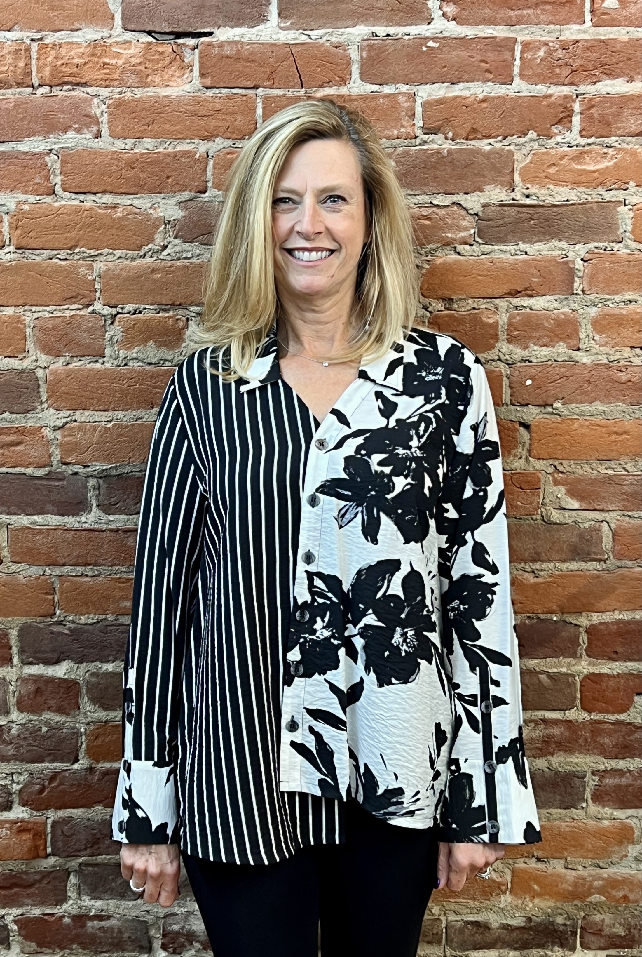 Printed Stripe Floral Asymmetric Shirt