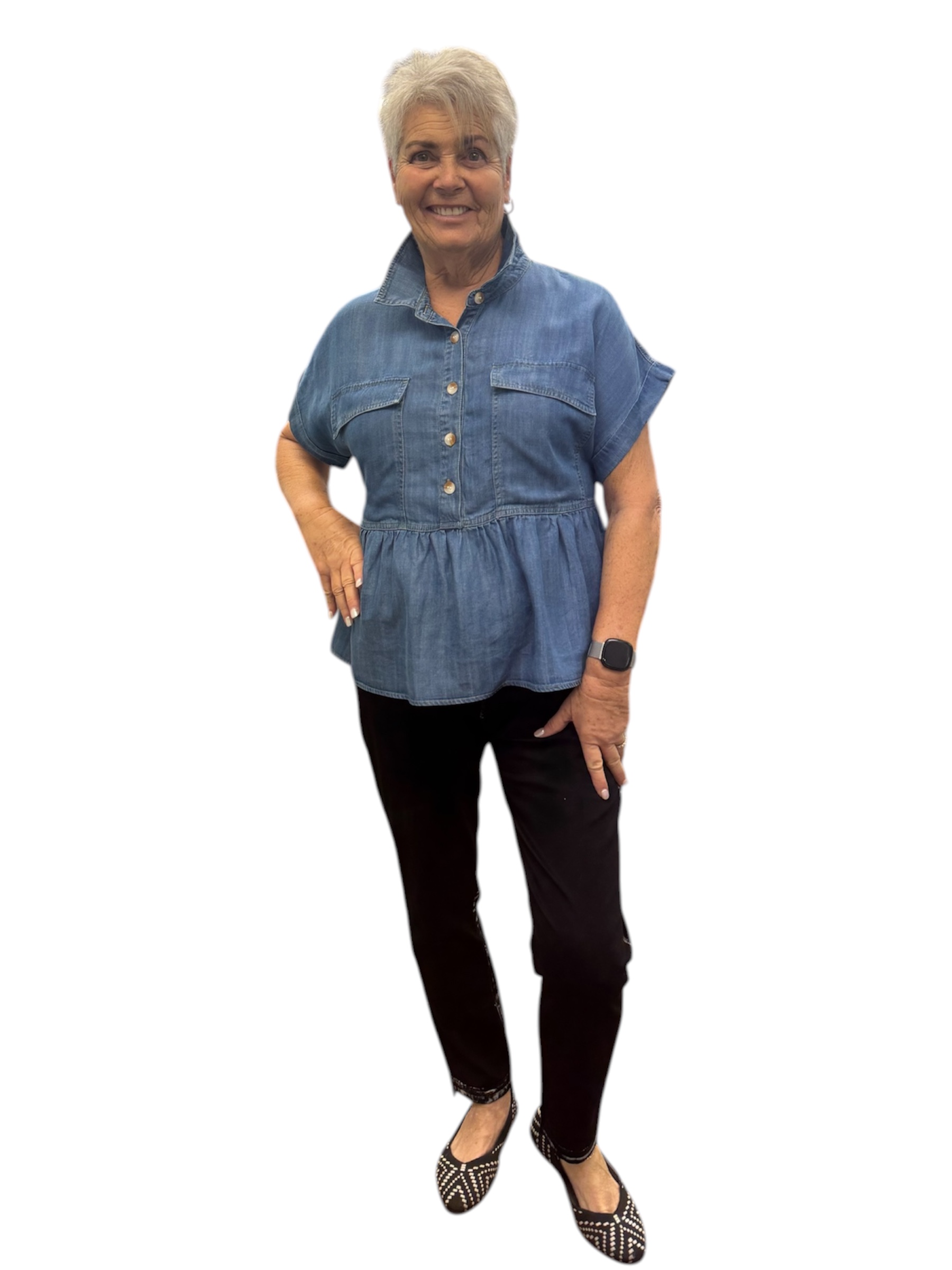 Cuffed Short Sleeve Dolman Two Pocket Peplum Top