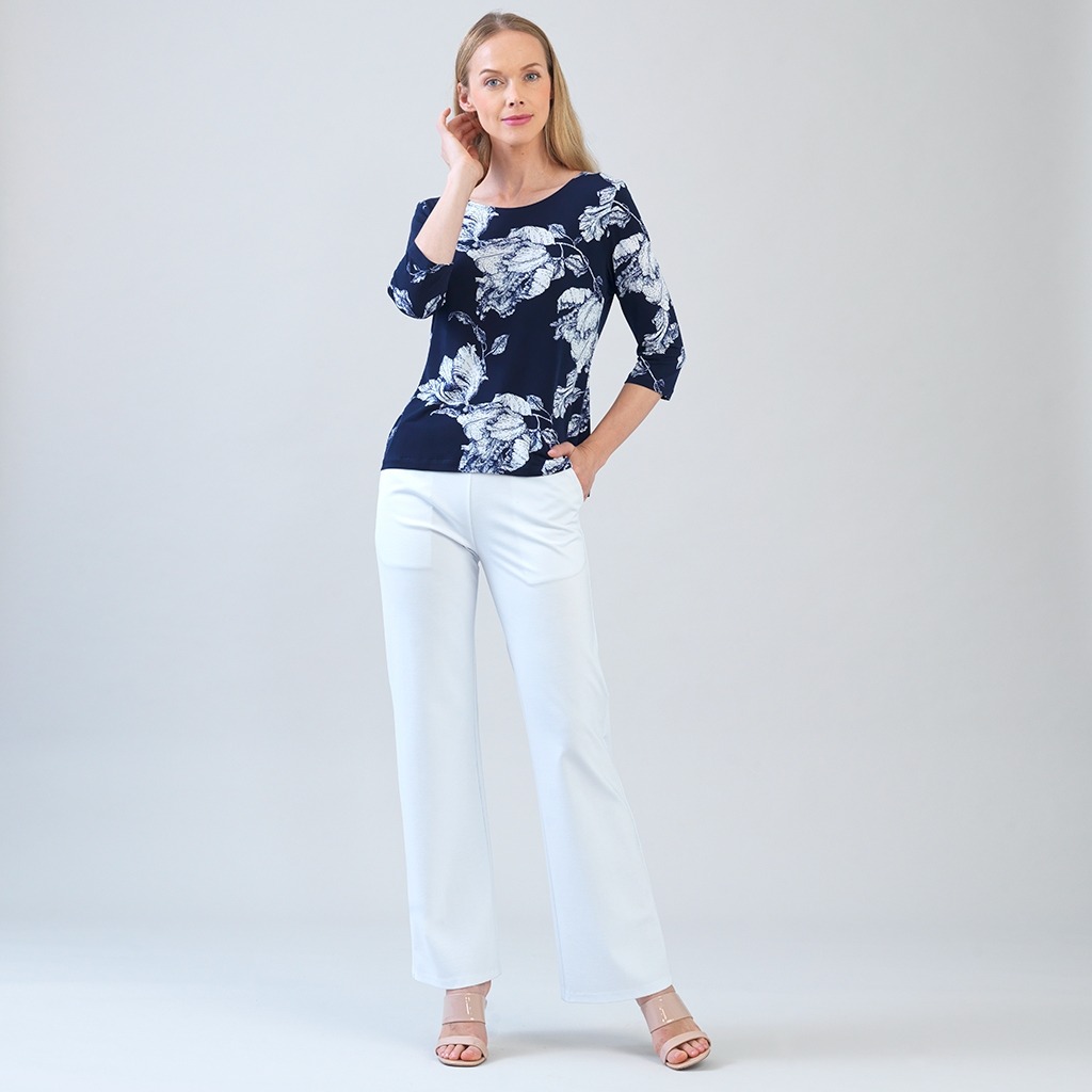 Peony Print Scoop Neck Soft Knit Top w/ 3/4 Sleeve