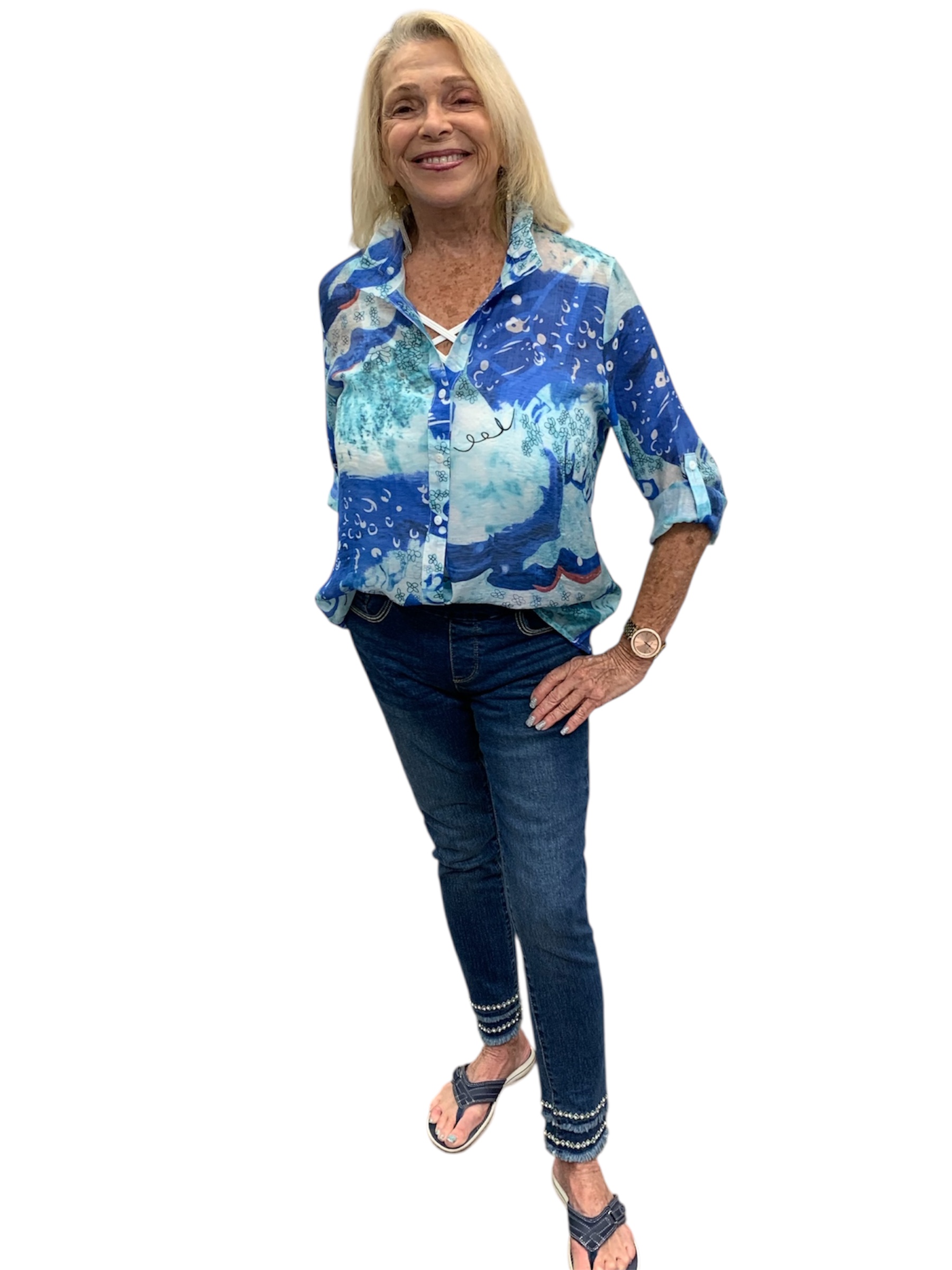 Roll Up Sleeve Print Blouse