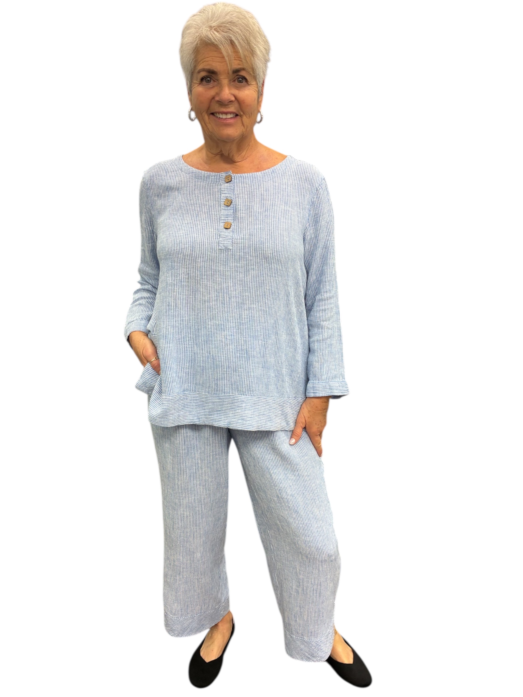 Woven Yarn Dyed Stripe Popover with 3/4 Sleeves