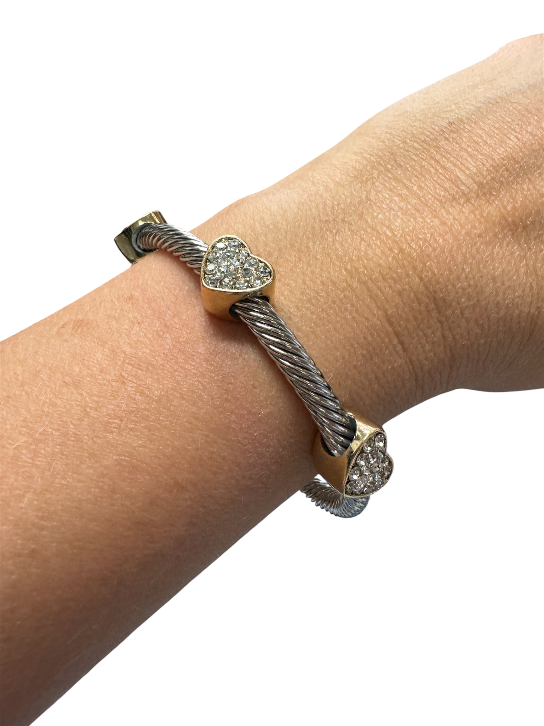 Cable Bracelet with Three Gold Pave Hearts