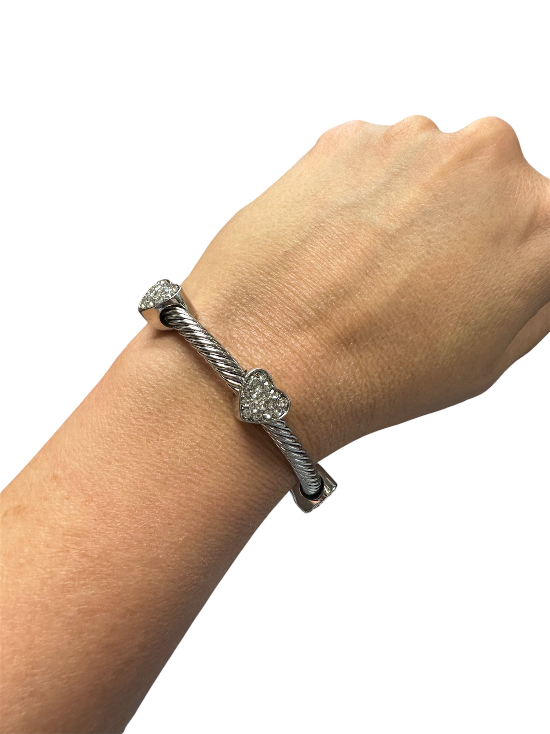 Cable Bracelet with Three Silver Pave Hearts