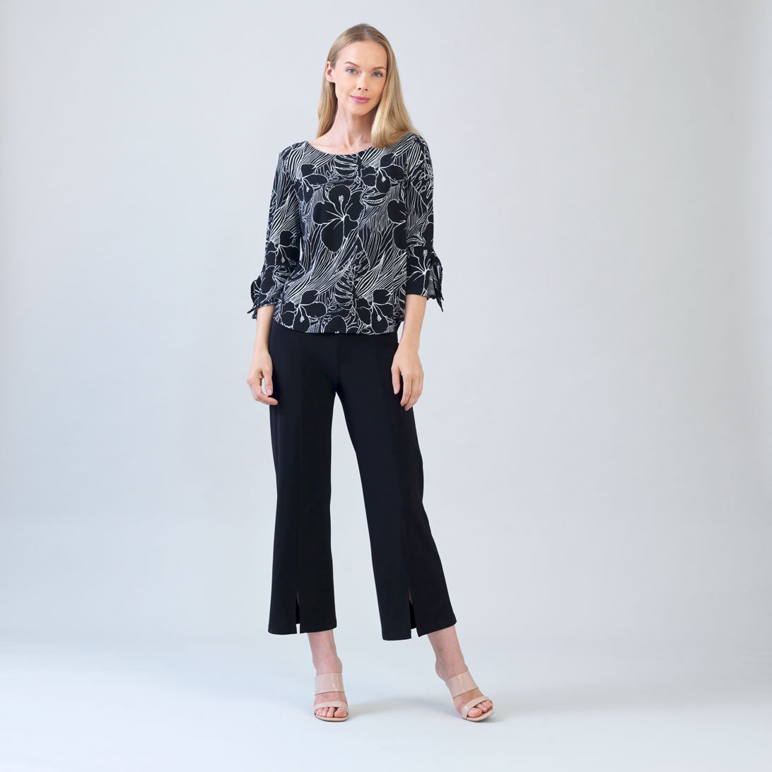 Crepe Knit Tie Cuff Curved Hem Top