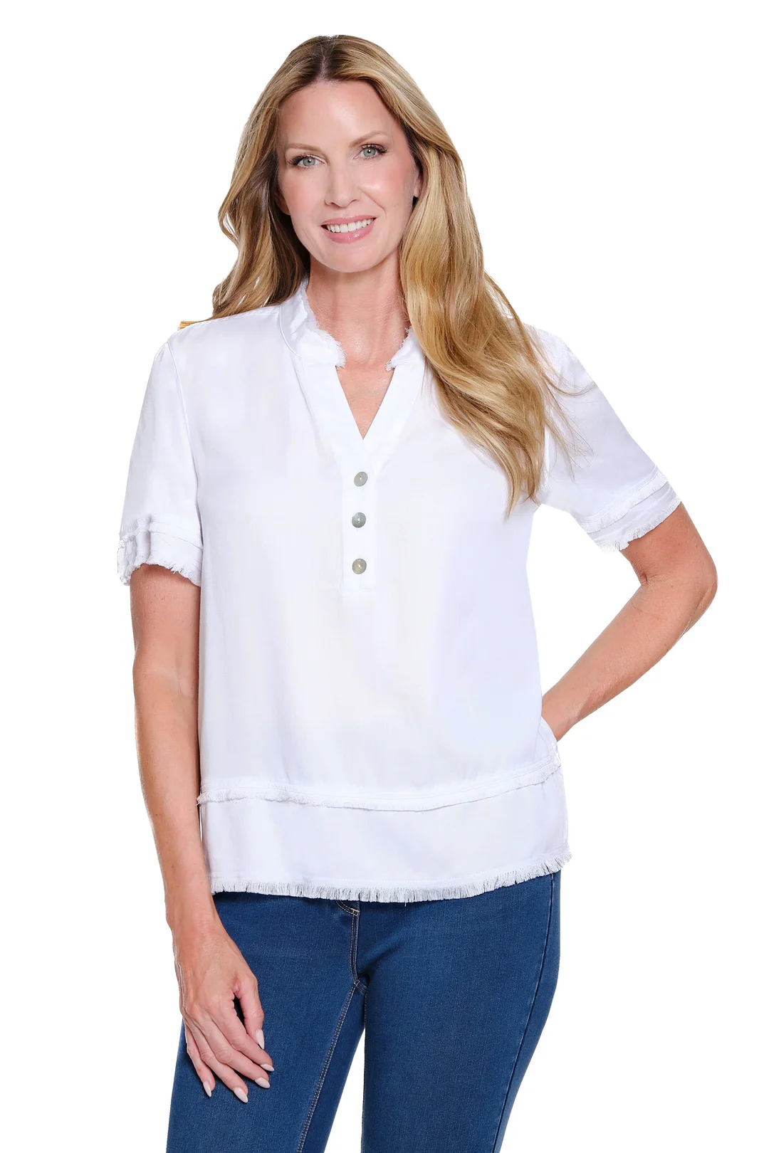 Double Fringe Hem Short Sleeve Band Collar Button Front