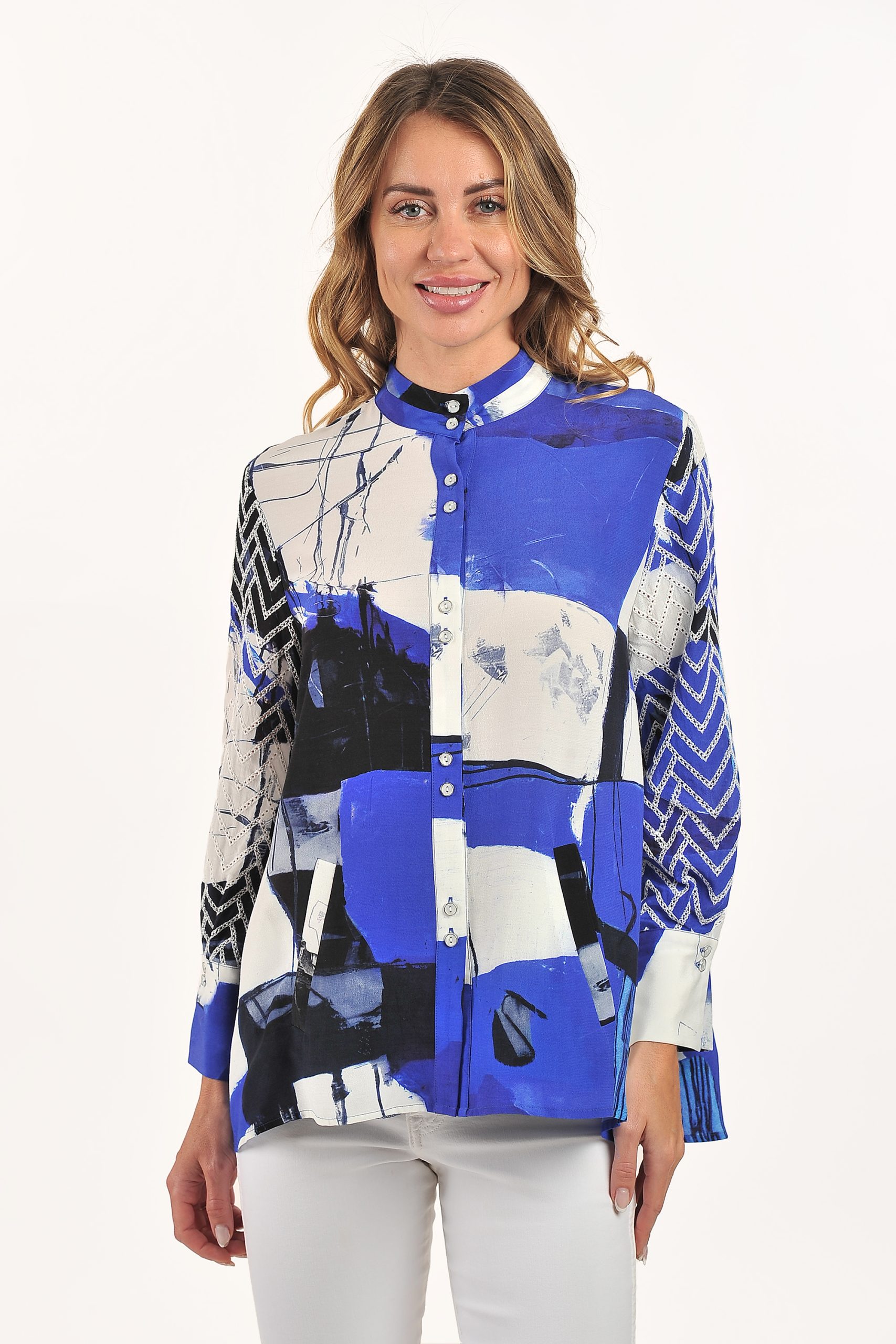Double Stand Collar Button Down Blouse with Eyelet Contrast