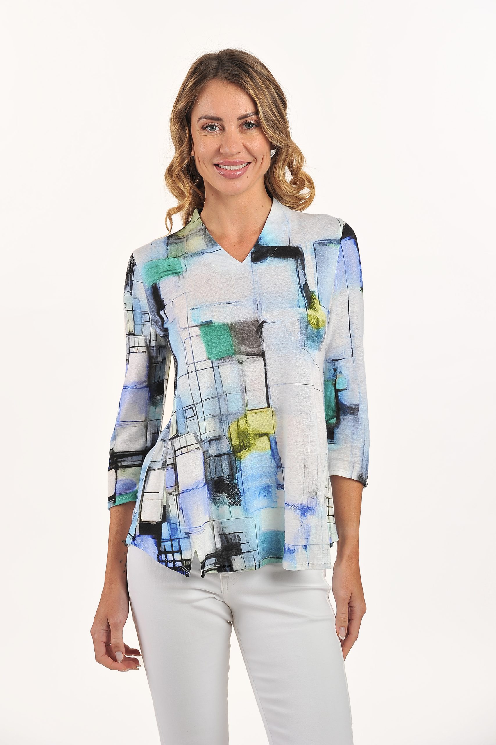 High V Neck Top with Button Sleeve Closure