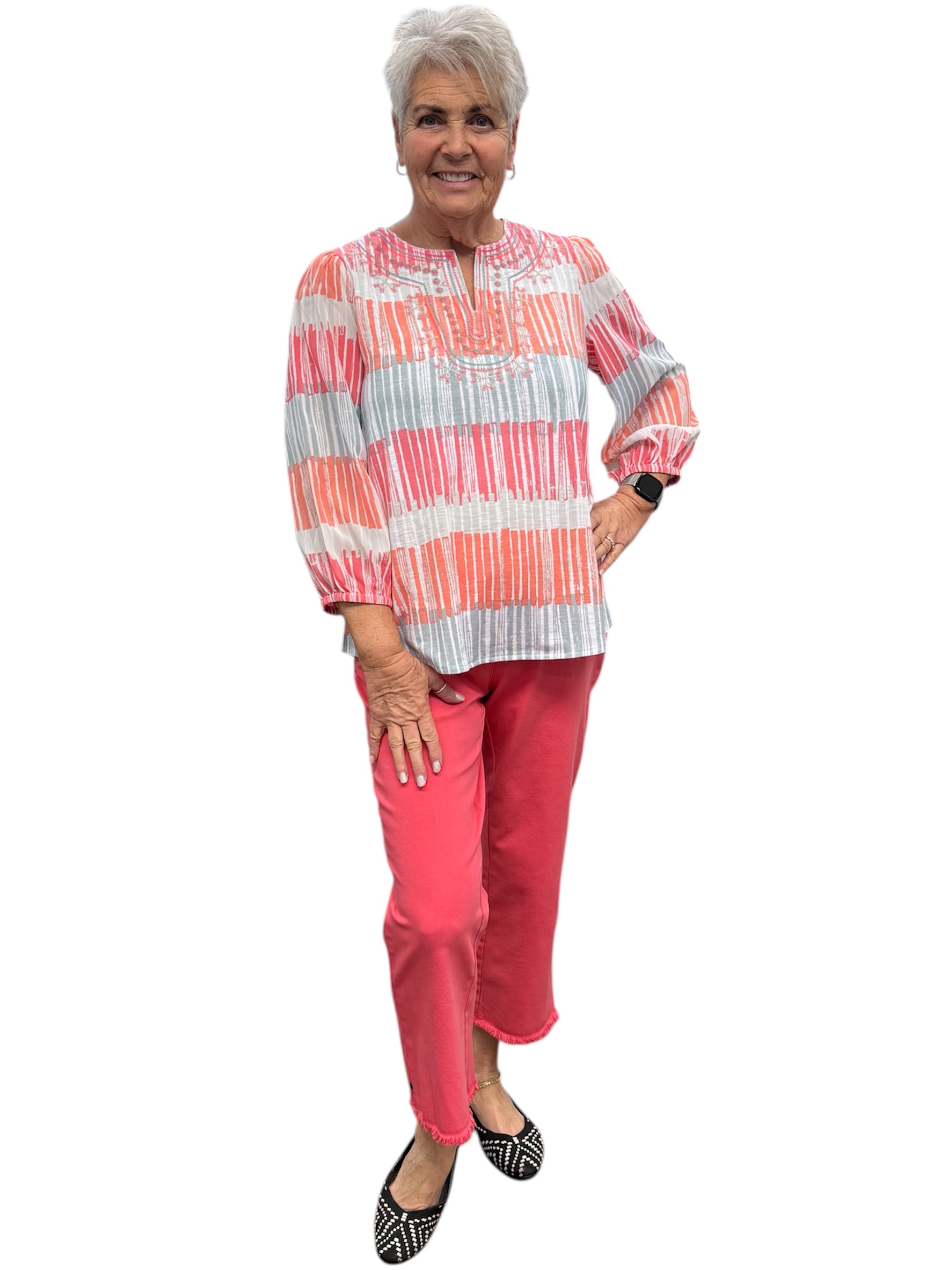 Notch Neck 3/4 Sleeve Embroidered Top