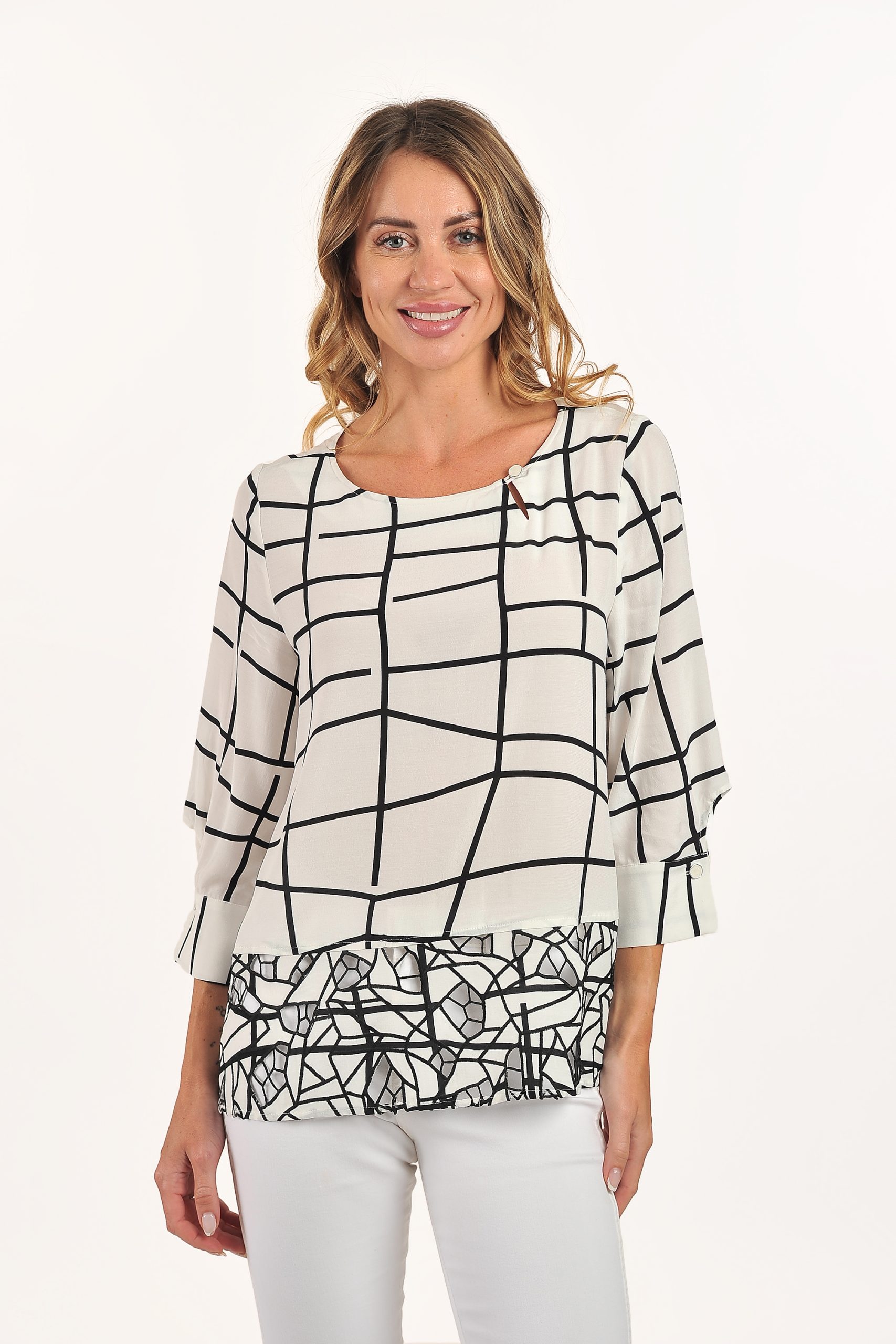 Printed Blouse with Eyelet Contrast and Buttoned Neck Details