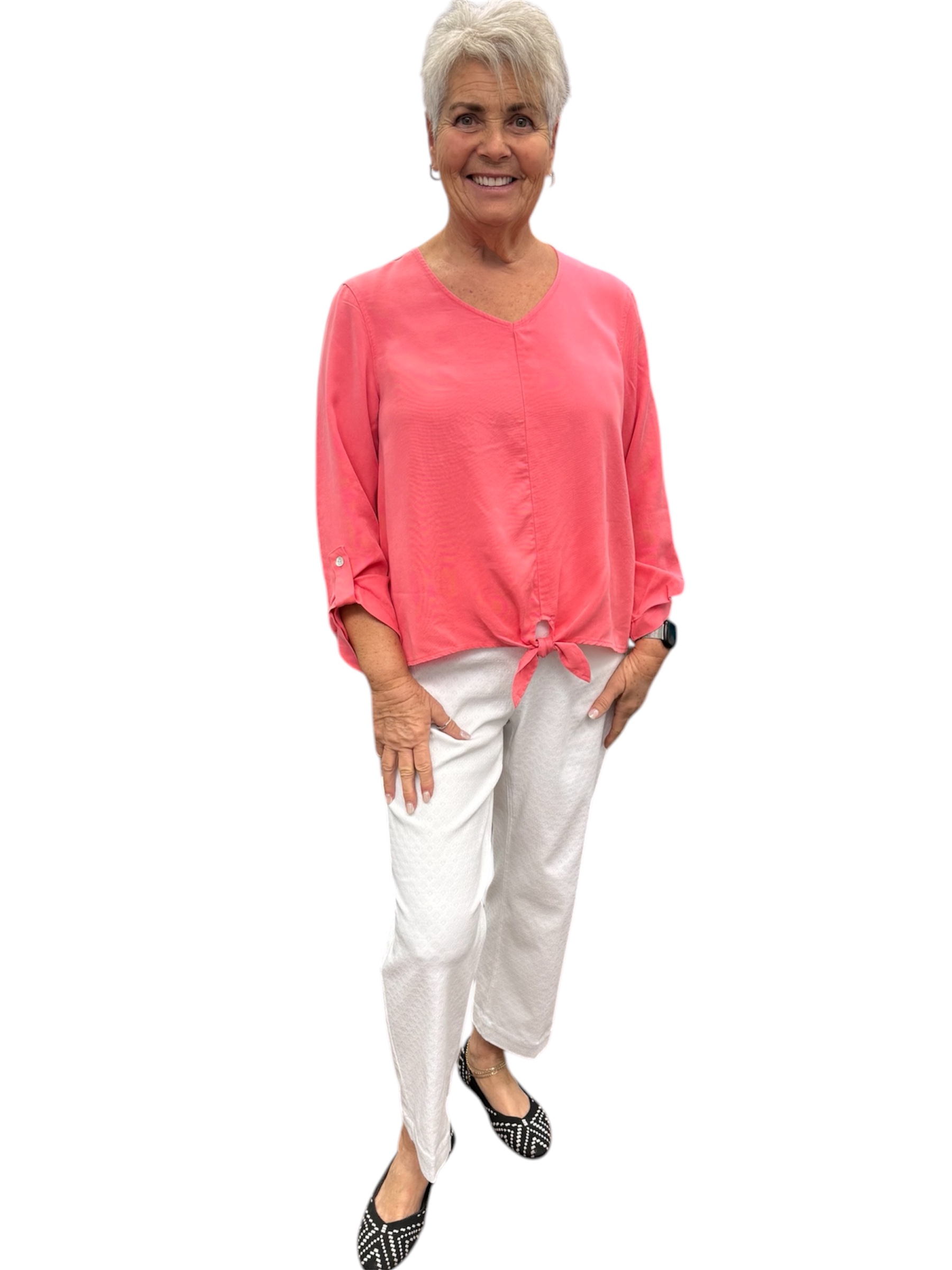 Roll Tab 3/4 Straight Sleeve V Neck Tie Waist Front Top