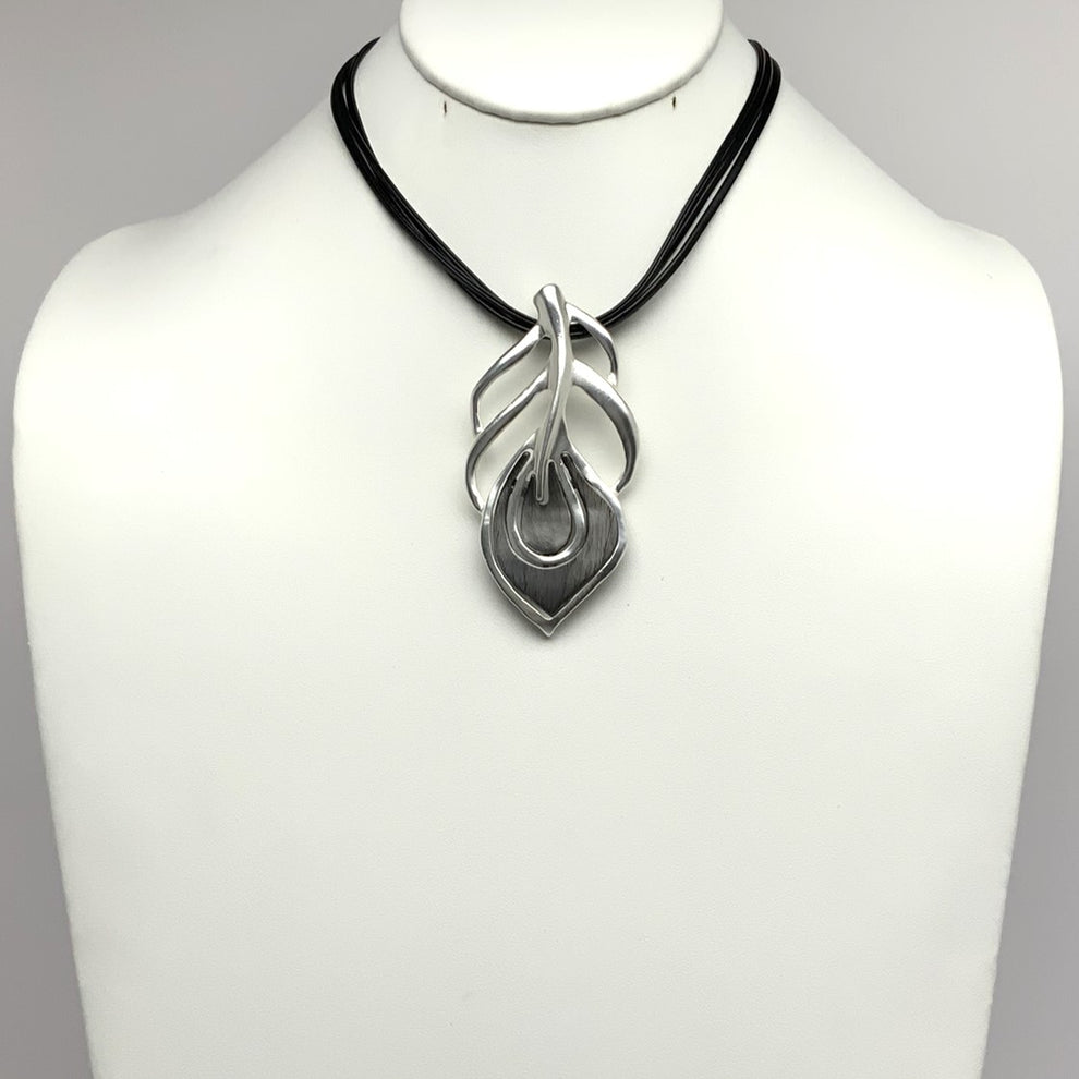 Short Three Strand Vinyl Cord Necklace with Metal Leaf Pendant