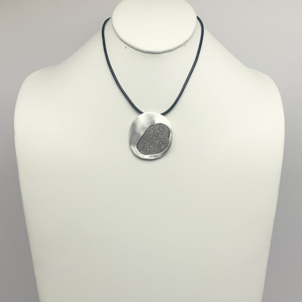 Short Vinyl Cord Necklace with Textured Round Metal Pendant