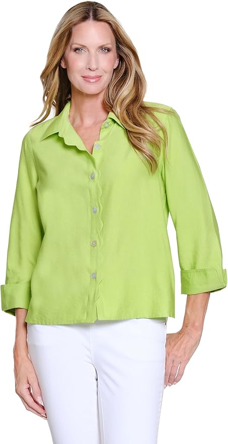 Turn Up Cuff Scallop 3/4 Sleeve Button Front Shirt