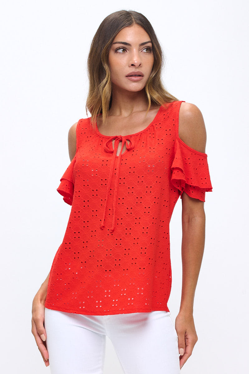 Cold Shoulder Eyelet Top