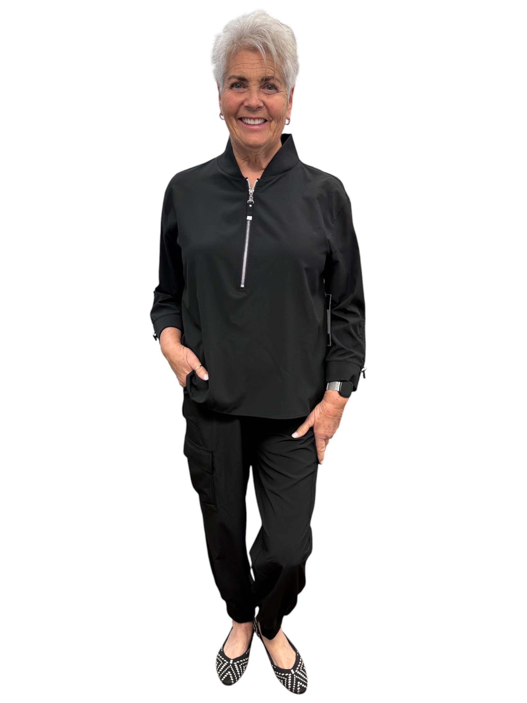 Drawstring 3/4 Sleeve Zip Hi-Lo Top