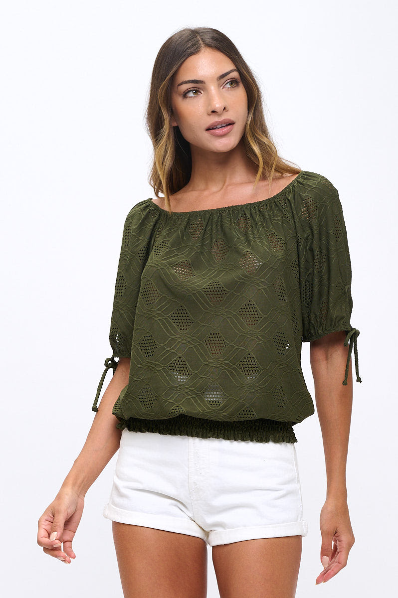 Knit Eyelet Tie Sleeve Top