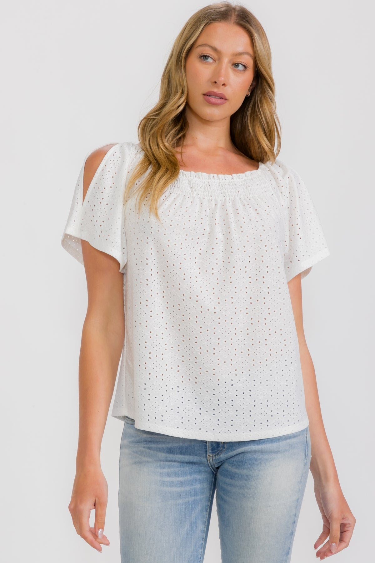 Open Sleeve Knit Eyelet Top