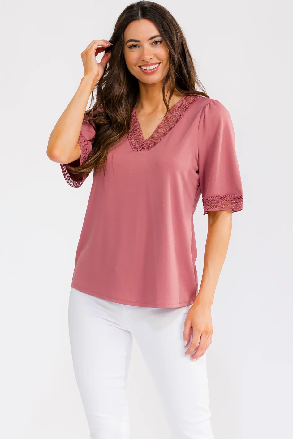 Short Sleeve V Neck Top with Crochet Detail