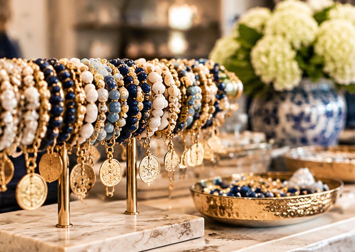 Beaded gold bracelets and jewelry on display at Fashion Faze boutique