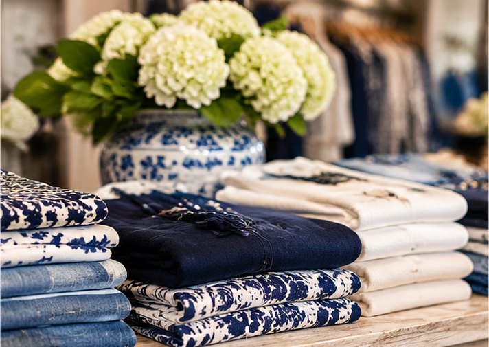 Folded navy, white and denim tops on a marble table at Fashion Faze in Delray Beach