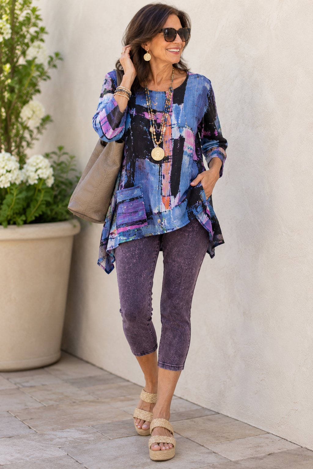 Woman wearing a colorful tunic, cropped jeans and layered gold necklaces