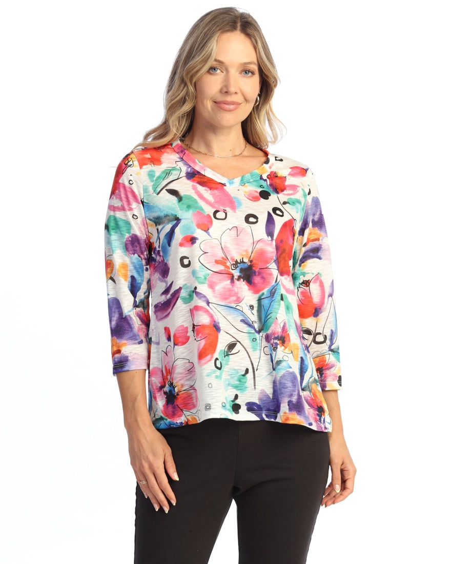 Watercolor V-Neck 3/4 Sleeve Side Slit Top