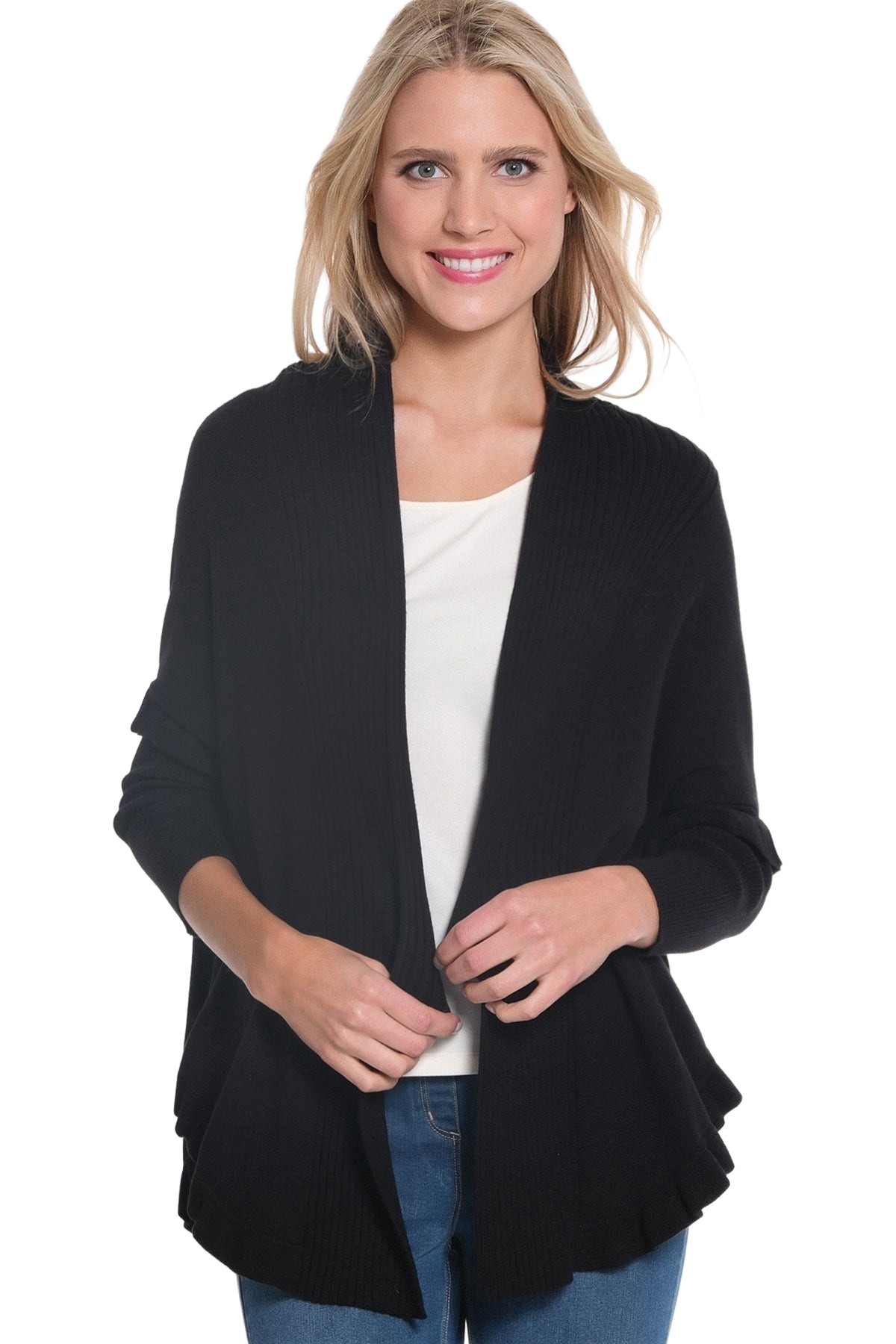 3/4 Sleeve Ruffle Hem Shawl Collar Sweater Cardigan