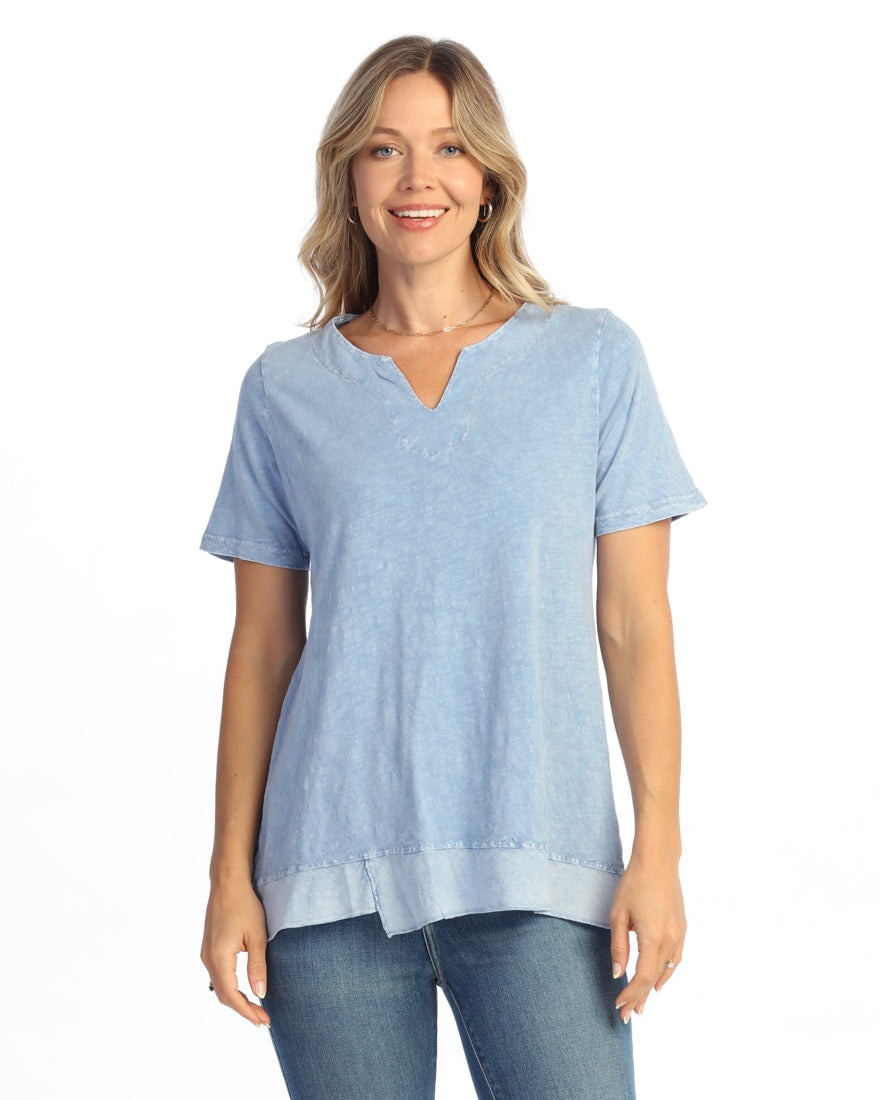Single Cotton Slub Notch Neck Top with Cotton Linen Contrast