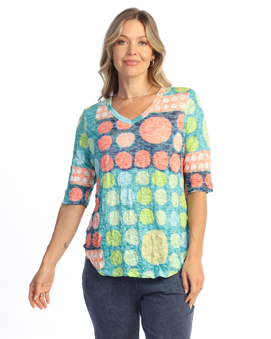 Momo Crushed V Neck Half Sleeve Tee with Round Hem
